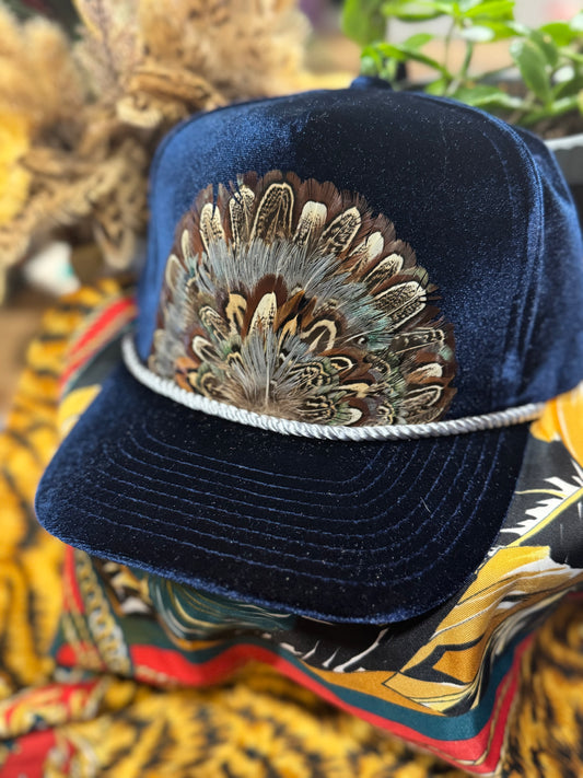Navy Velvet Feather Trucker