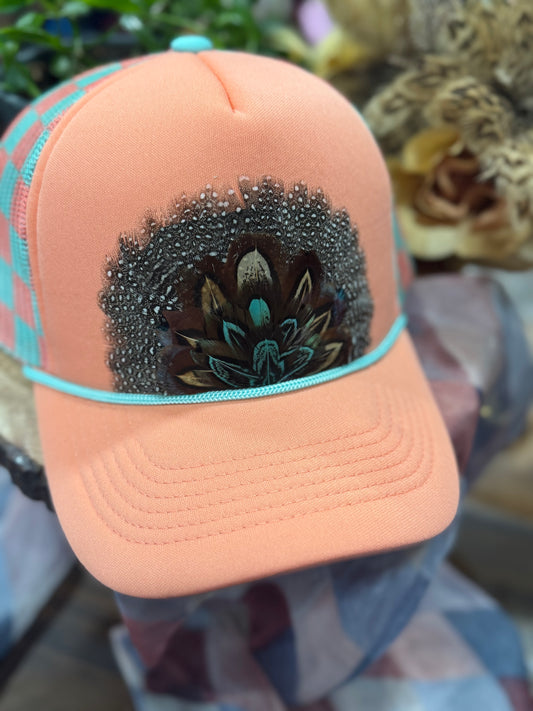 Peachy Teal Checks 3 Feather Trucker