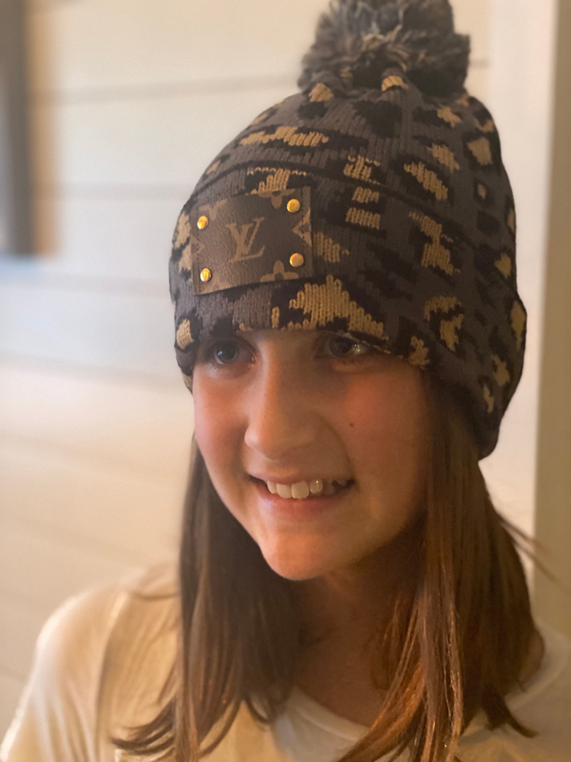 Upcycled LV Leopard Print Beanie with Pom Pom