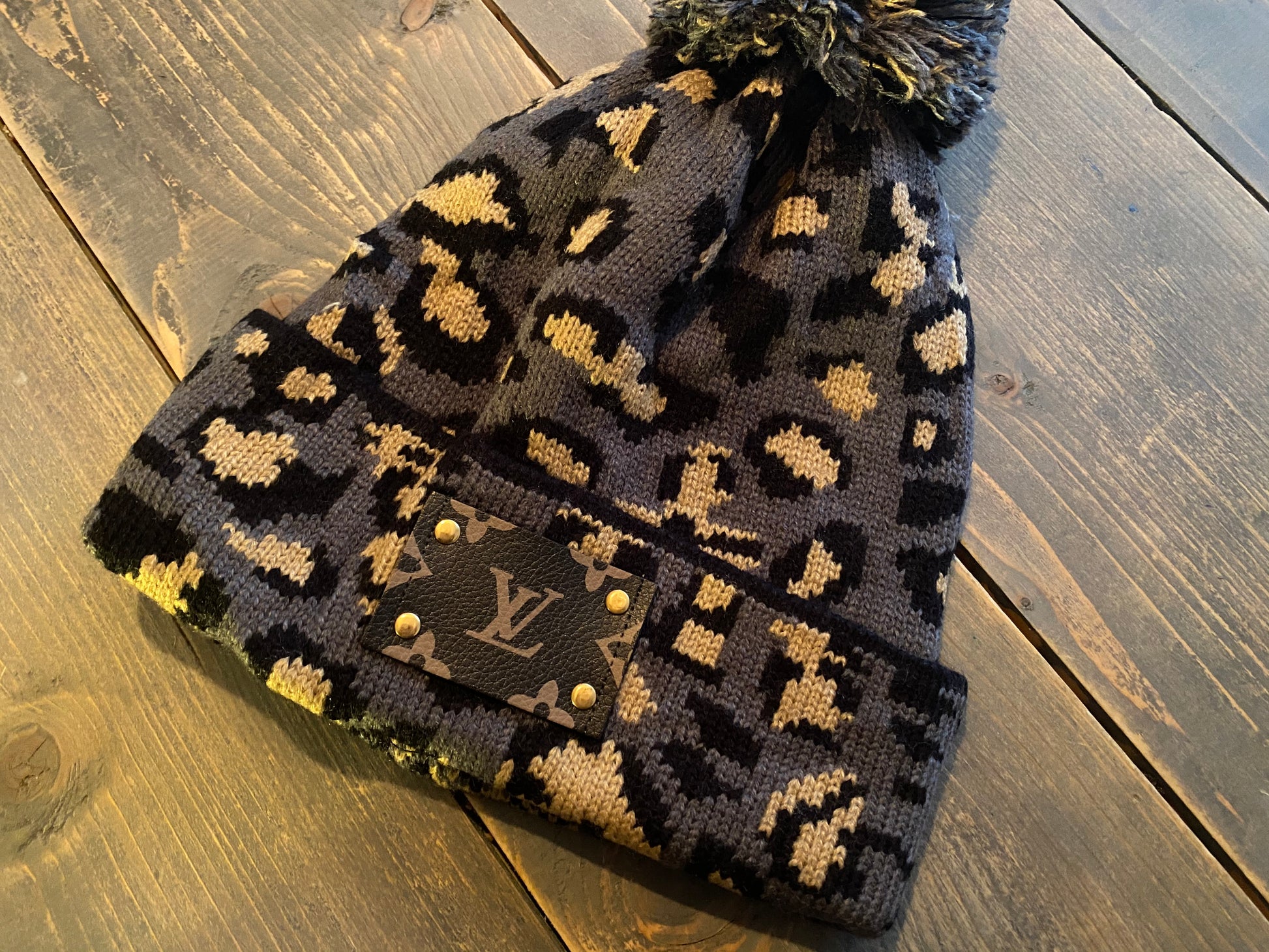 Upcycled LV Leopard Print Beanie with Pom Pom