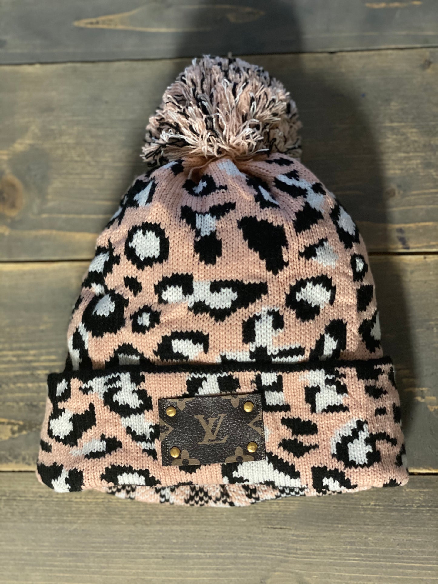Upcycled "LV" Leopard Print Beanie with Pom Pom