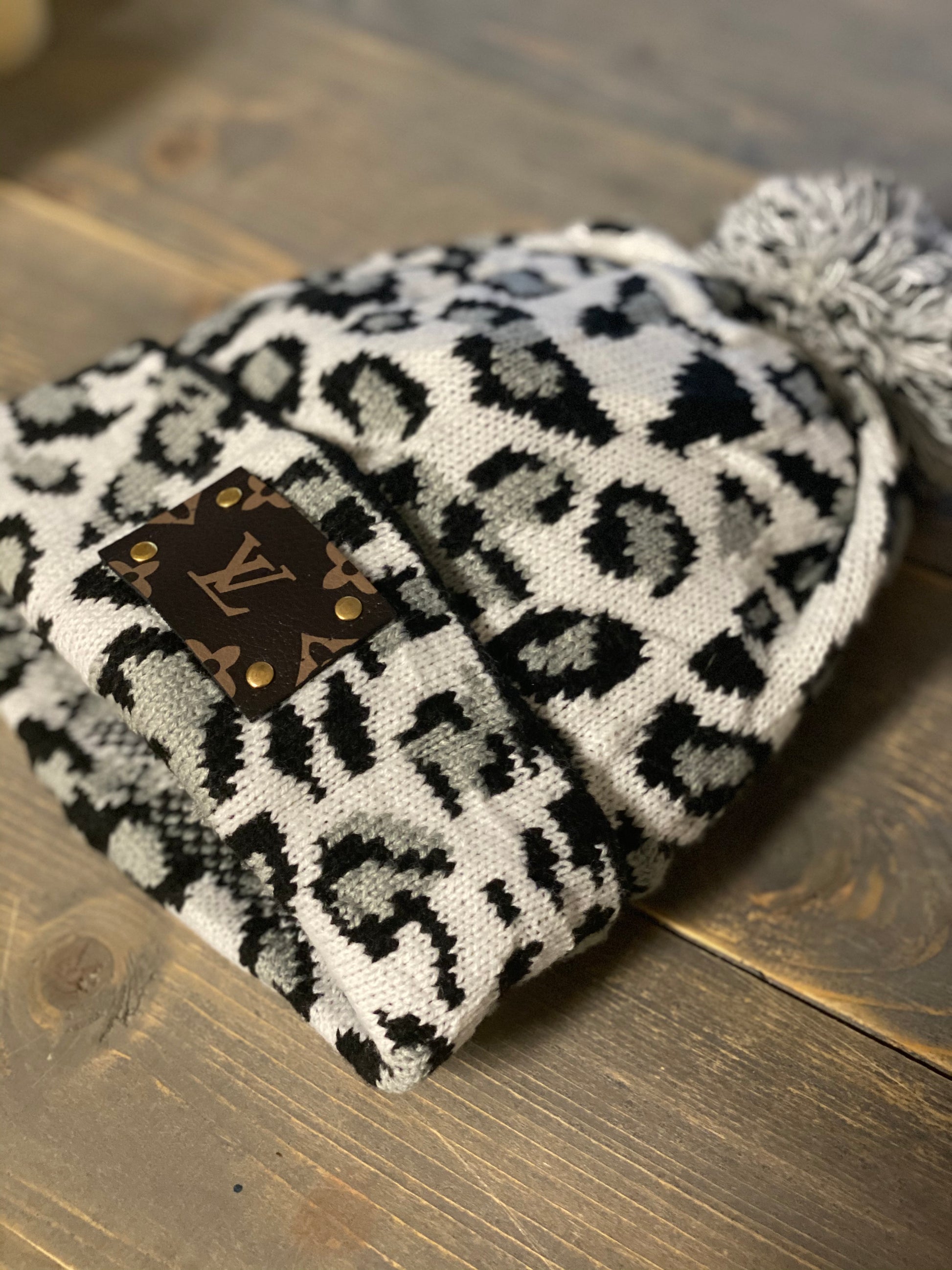 Upcycled LV Leopard Print Beanie with Pom Pom