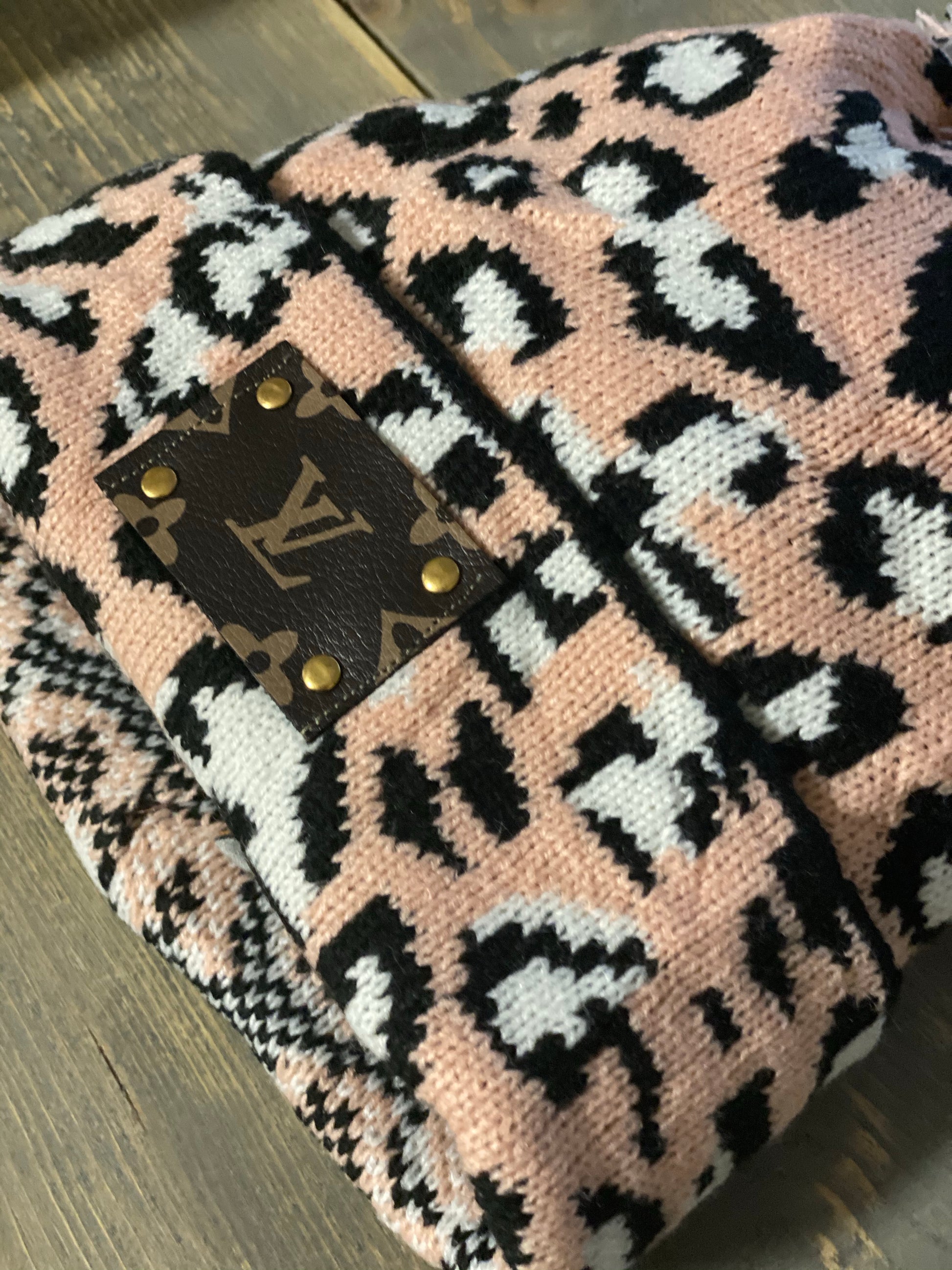 Upcycled LV Leopard Print Beanie with Pom Pom