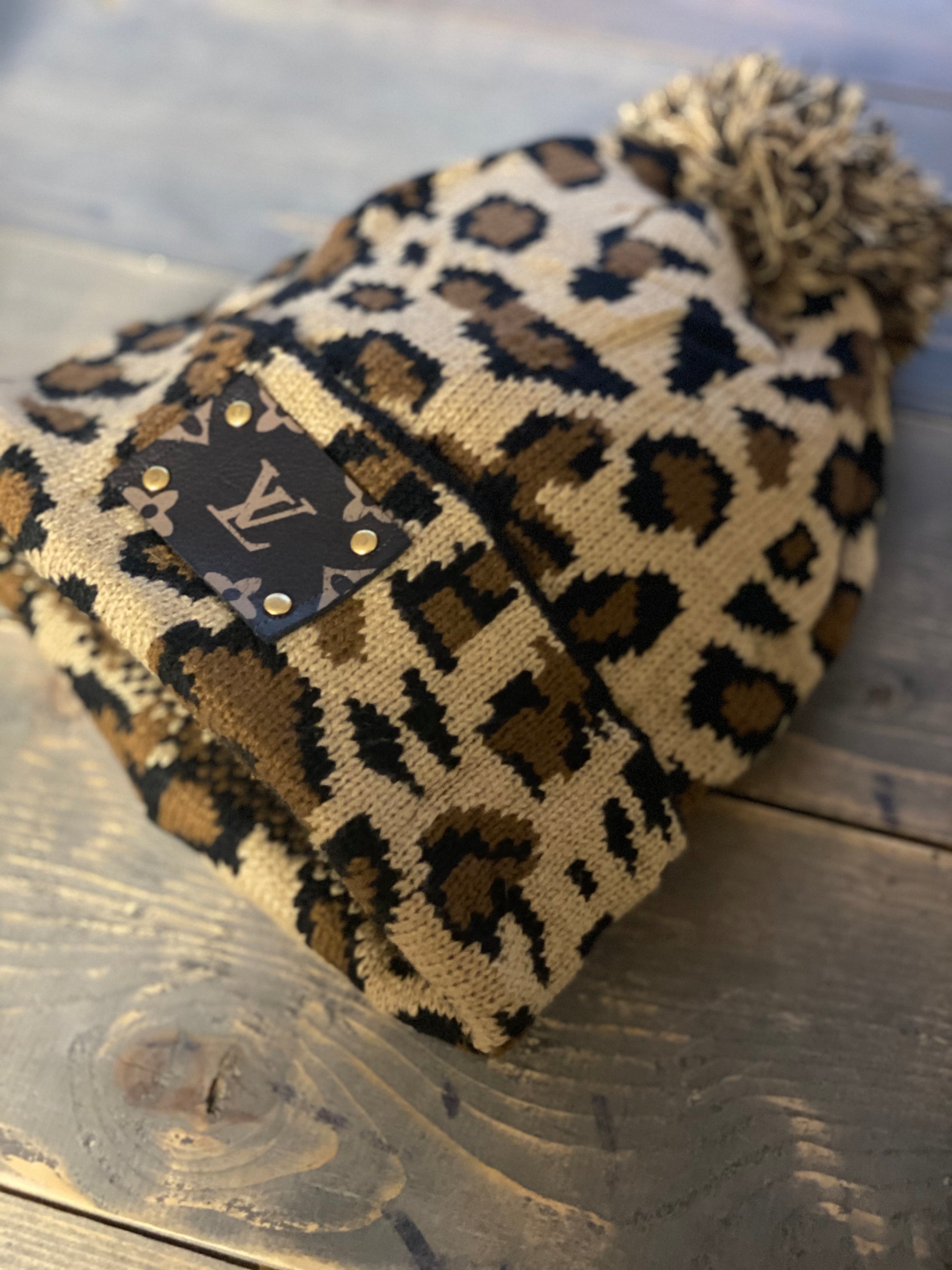 Upcycled LV Leopard Print Beanie with Pom Pom